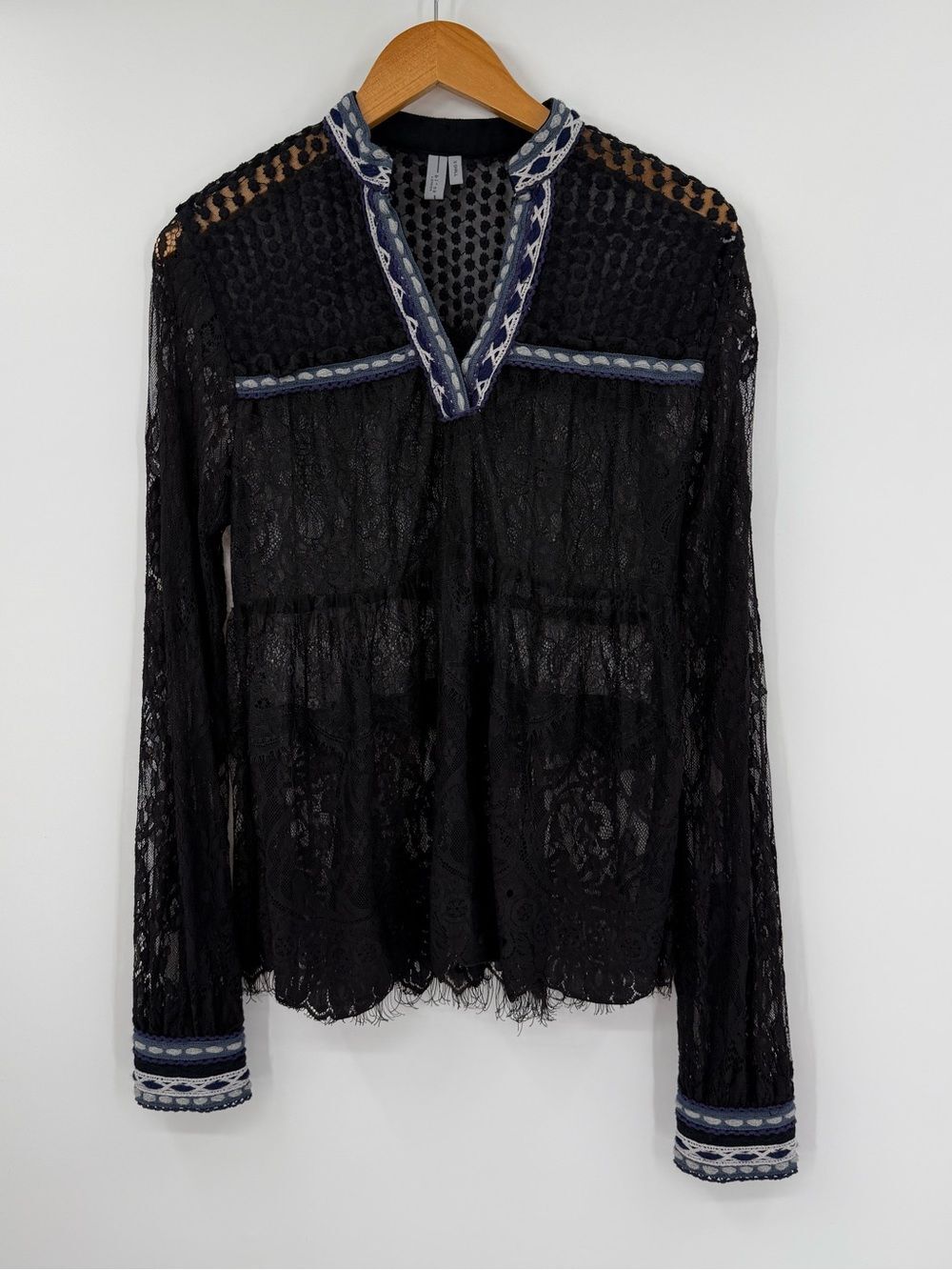 Blank London Lace Embroidered Trim V-Neck Blouse | Black | XS